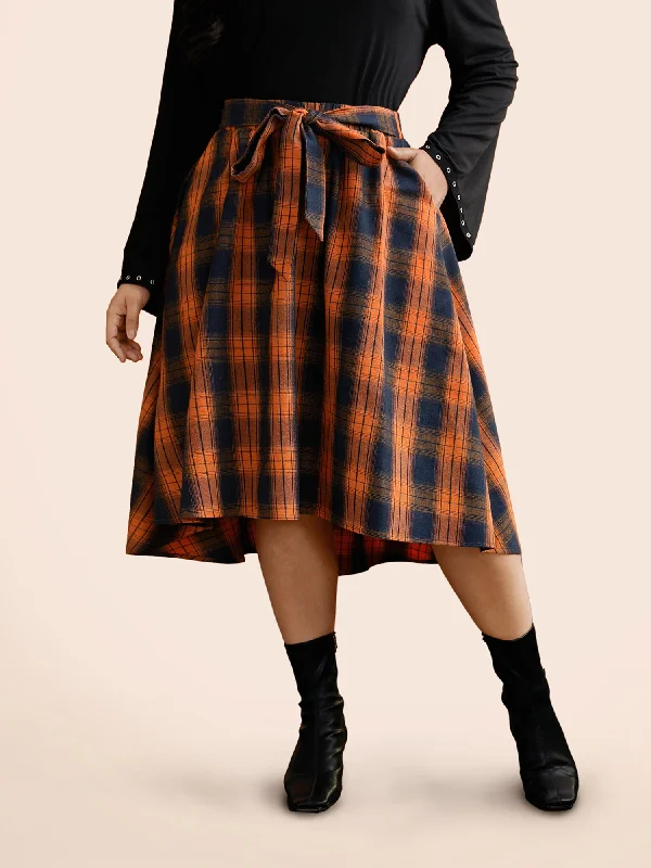 Plaid Waist Tie A-Line Skirt cotton skirt soft
