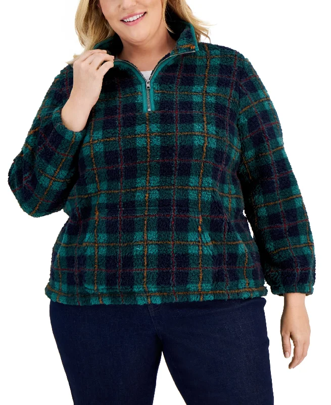 Plus Size Plaid Sherpa Sweatshirt Hoodie with Hood Adjustable Protection