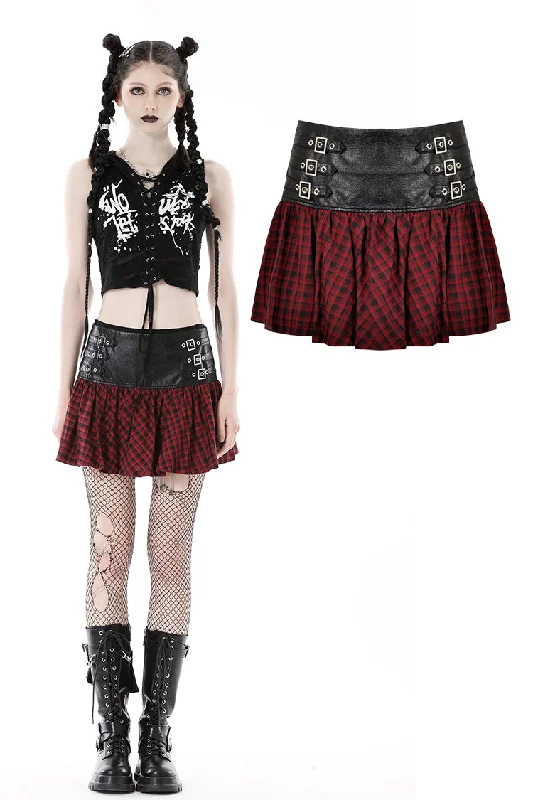 Punk PU red plaid mini skirt KW290 pleated skirt texture