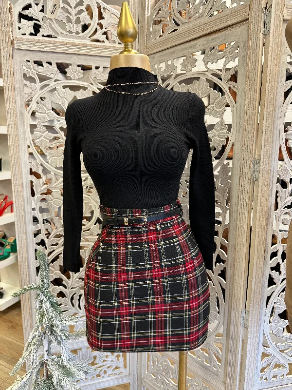 Red plaid Mini Skirt with Belt wool skirt sturdy