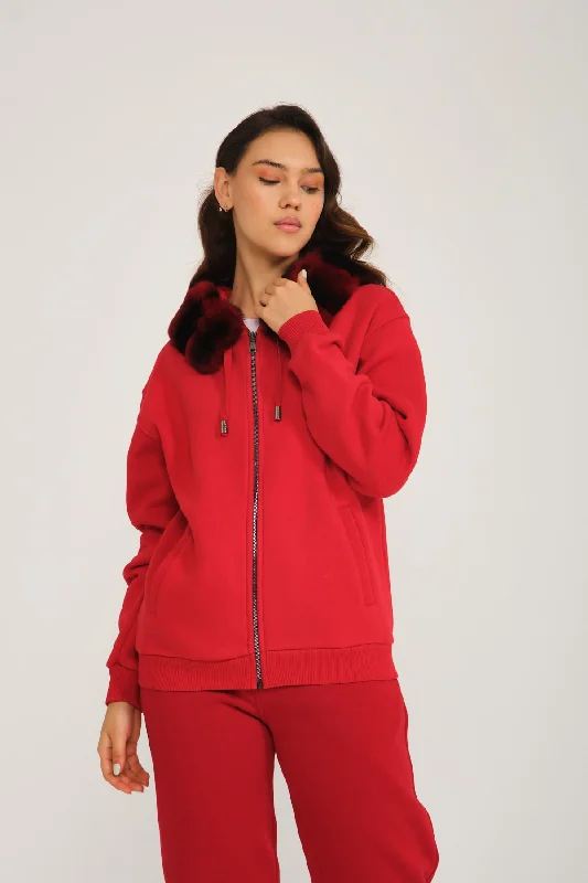 Red Rex Fur & Zipped Hoodie Hoodie with Back Slit Movement Comfort
