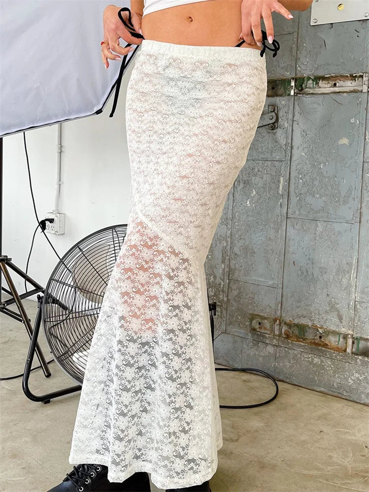 JuliaFashion - Retro Y2K Fairy  Long Vintage Lace Floral Mesh Sheer See Through Bow Tie Up Beachwear Skirts velvet skirt plush