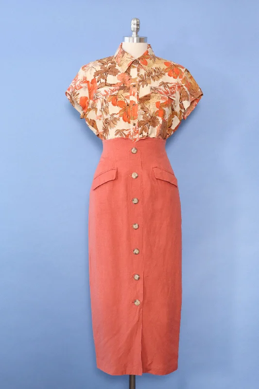 Salmon Notch Waist Pencil Skirt S floral skirt print