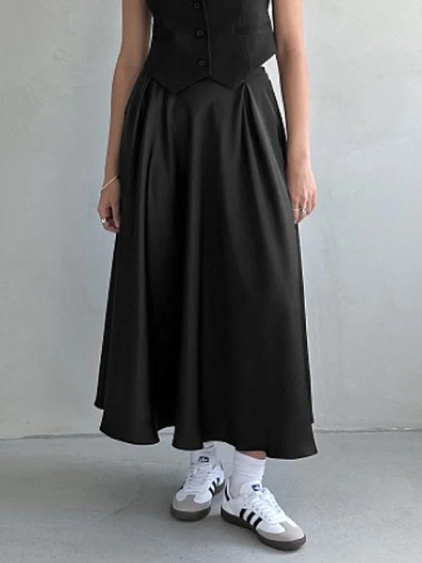 BerryBetty - Satin Elastic Waistband Zippered Flowy Maxi Skirt corduroy skirt textured