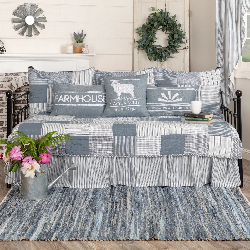 Sawyer Mill Blue 5pc Daybed Quilt Set (1 Quilt, 1 Bed Skirt, 3 Standard Shams) VHC Brands patchwork skirt art
