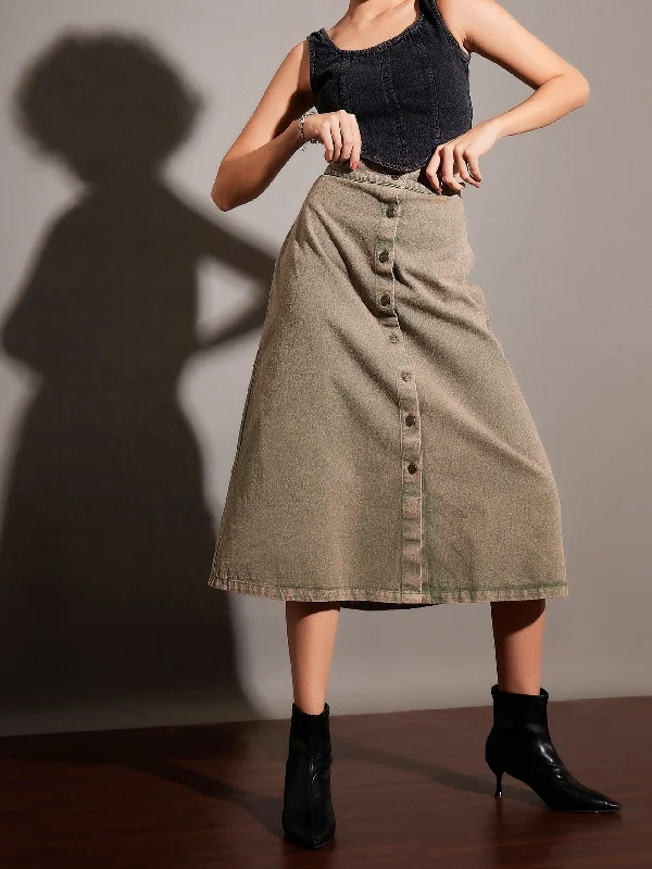 Women Beige Washed Denim A-Line Skirt denim skirt classic
