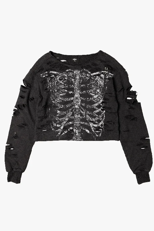 Skeleton Shredded Sweatshirt Hoodie with Rhinestones Sparkly Elegant