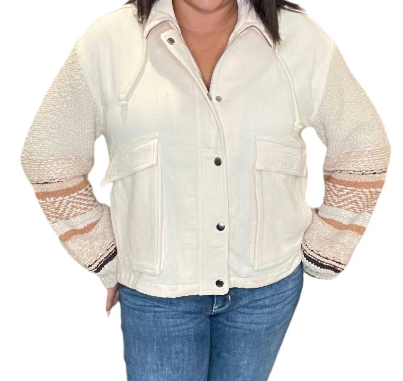 Sleeve Snap Front Sweater Jacket In Cream Casual Formal Business