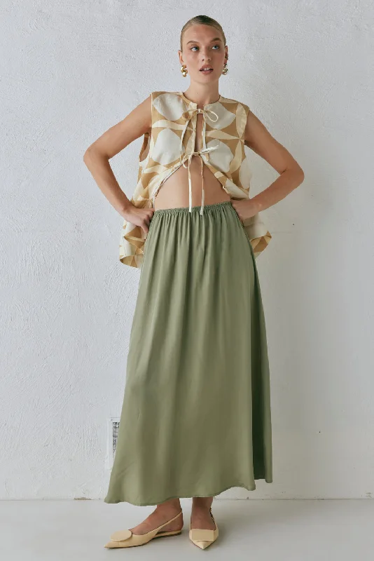 Solara Midi Skirt Sage ruffled skirt detail