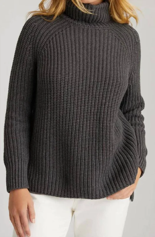 Stella Cotton Pullover Sweater In Charcoal Heather Turtle Neck Boat Neck Asymmetrical Neck