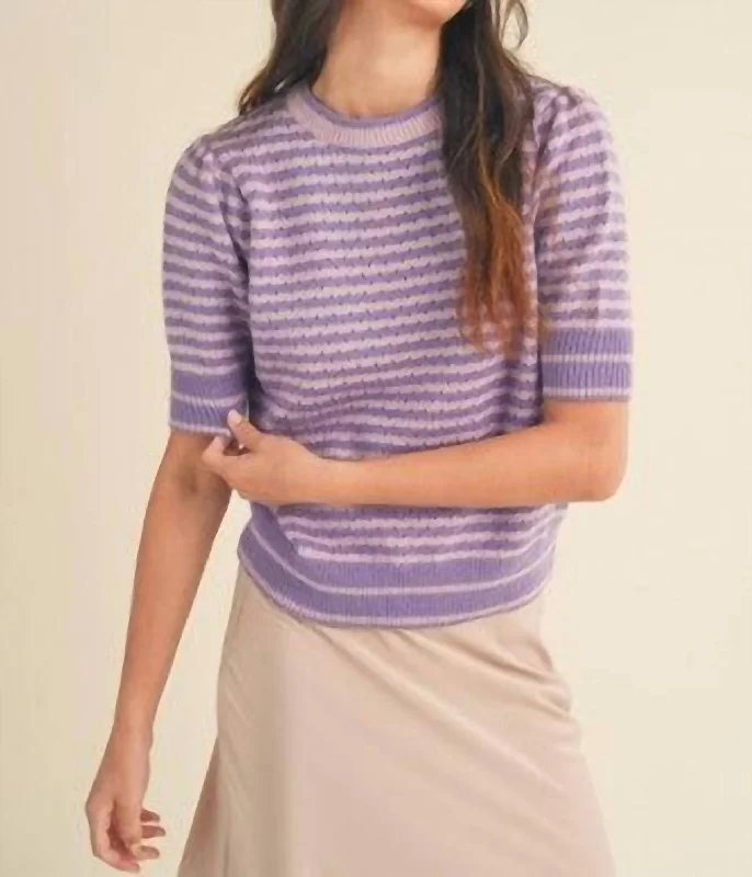 Striped Pointelle Puff Sleeve Sweater In Pink & Lavender Tailored Straight A-Line