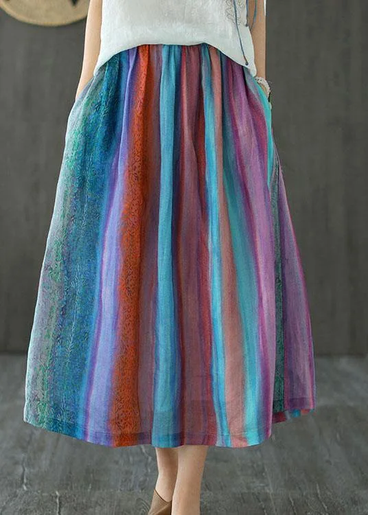 Style Striped Retro Patchwork A Line Skirts Ramie cashmere skirt soft