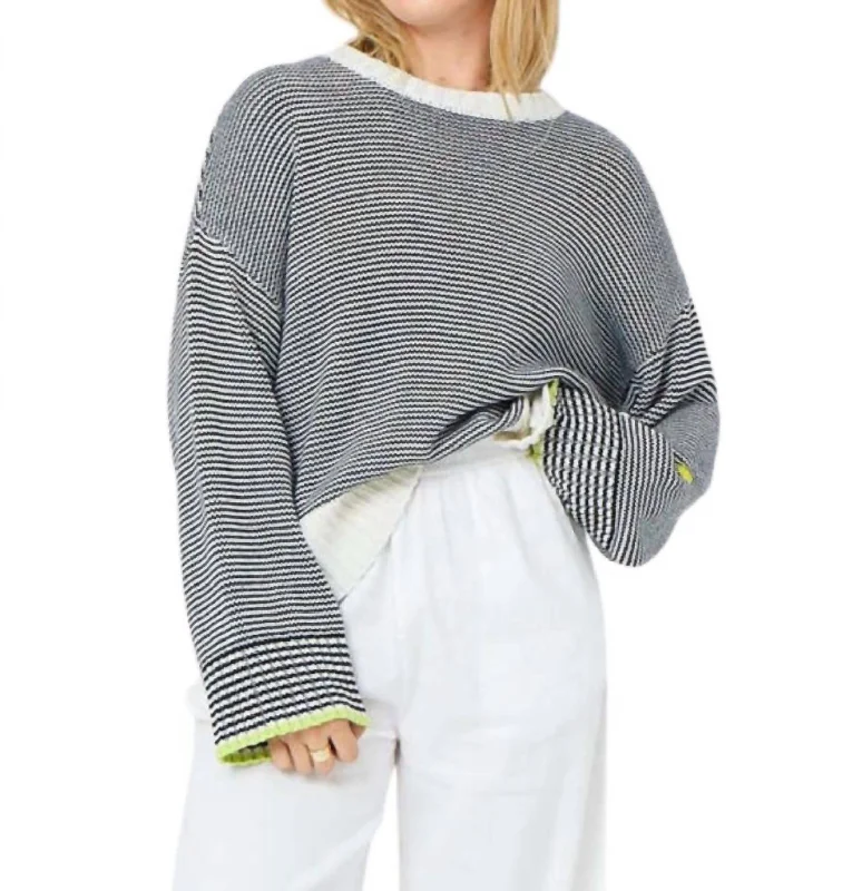 Summer Stripe Sweater In White,indigo Solid Color Striped Floral Print