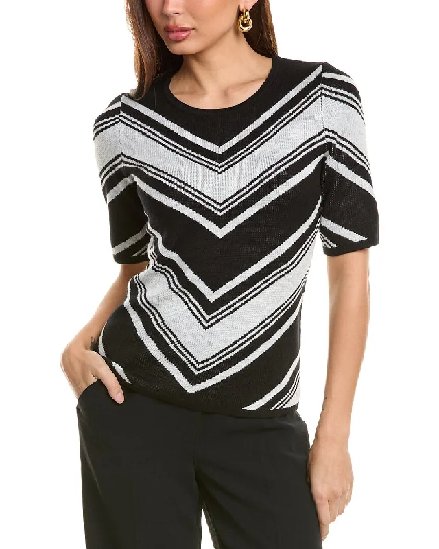 T Tahari Elbow-Sleeve Mitered Chevron Sweater Transparent Opaque Sheer