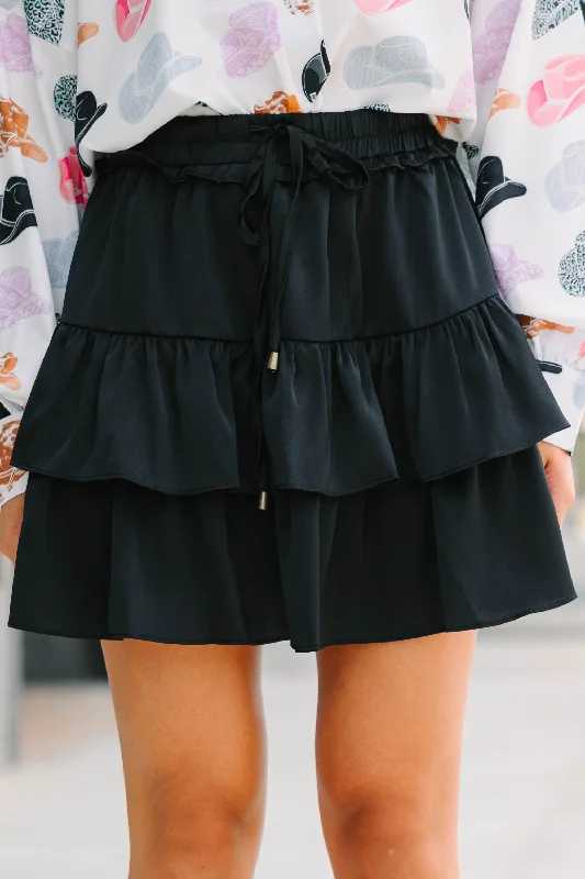 Take The Leap Black Satin Ruffled Skort linen skirt breathable