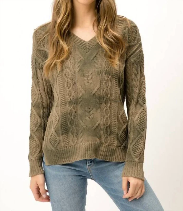 Tie Dye Cable Knit Sweater In Olive Green Ribbed Striped Patterned