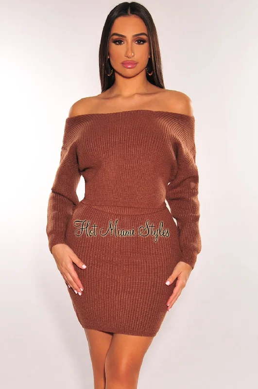 Toffee Ribbed Knit Sweater High Waist Skirt Two Piece Set silk skirt luxurious