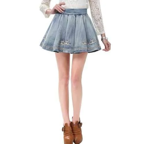 Trendy High-Waisted Bleach Wash Embroidered Ruffled Women's Denim Skirt - Blue M floral skirt print