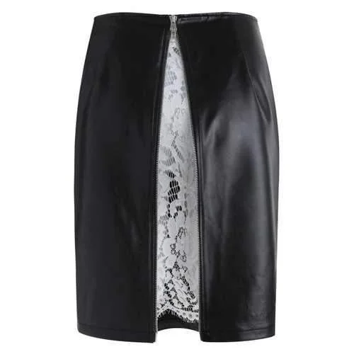 High Waist Lace Insert Faux Leather Skirt - Black L leather skirt modern