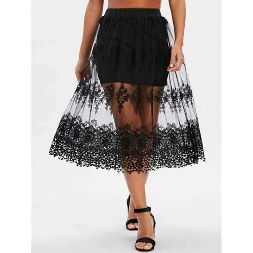 Mesh Crochet A Line Skirt - Black M lace skirt intricate