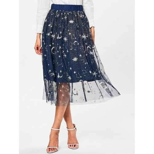 High Waist Starry Star Print Midi Skirt - Deep Blue M flowy skirt hem