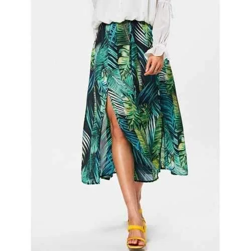 Tropical Print High Slit Midi Skirt - Green S denim skirt fashionable