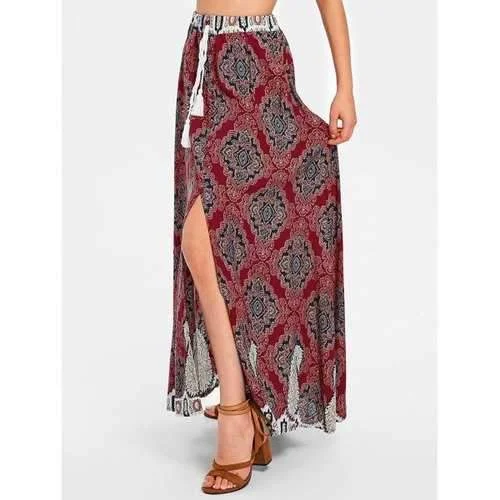 Bohemian Maxi High Slit Skirt - Red Xl corduroy skirt durable