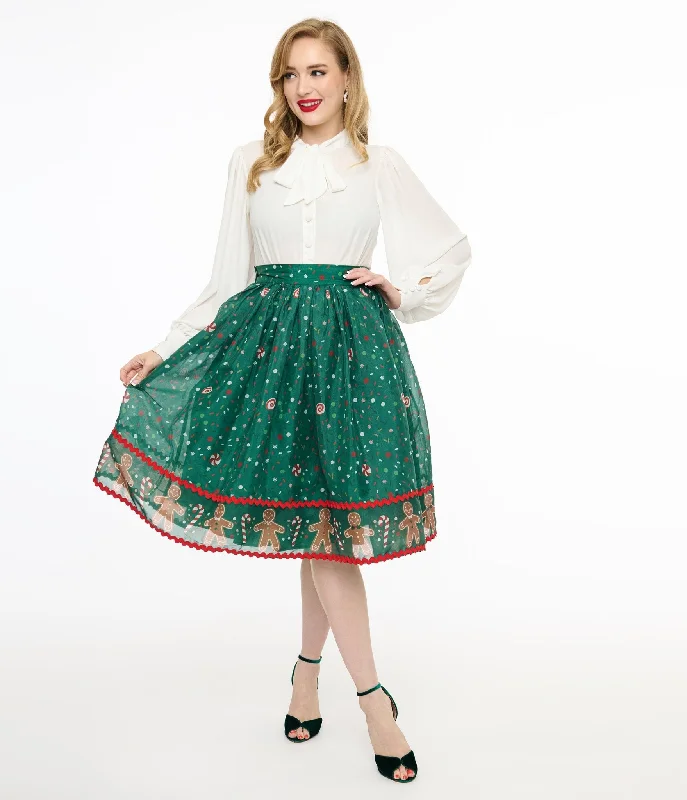 Unique Vintage 1950s Green Gingerbread Border Brilliance Swing Skirt leather skirt sleek