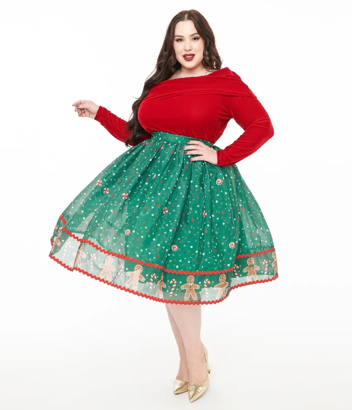 Unique Vintage Plus Size 1950s Green Gingerbread Border Brilliance Swing Skirt leather skirt durable