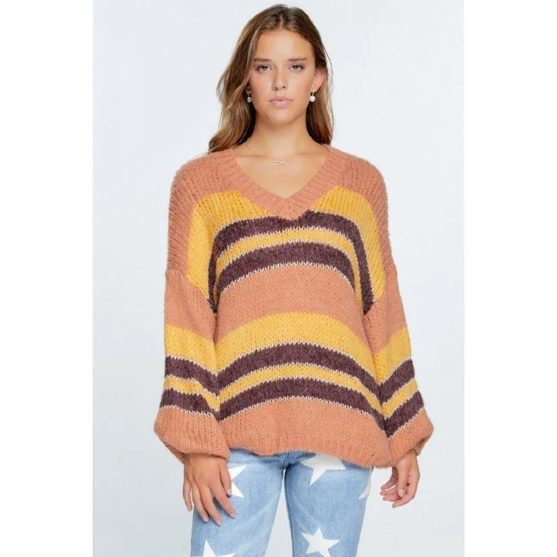 V-neck Cozy Thick Knit Stripe Pullover Sweater Real Fur Shearling Chenille