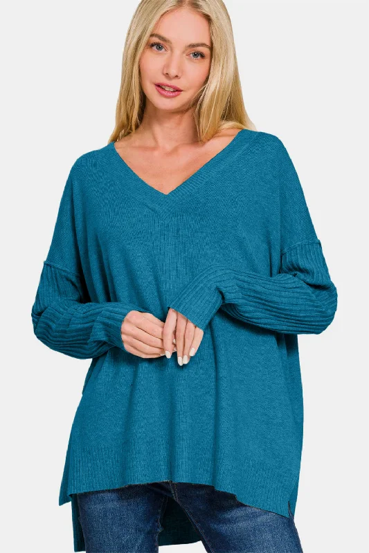 V-Neck Side Slit High-Low Sweater Elasticated Padded Insulated