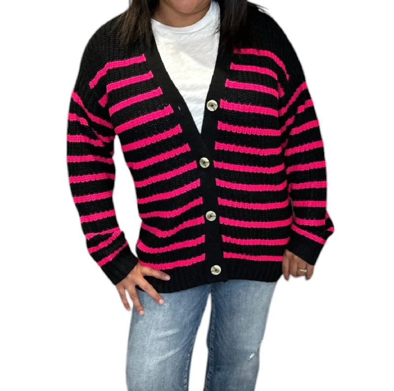 Vibe Stripe Cardigan Sweater In Black/pink Handmade Hand-knitted Hand-woven