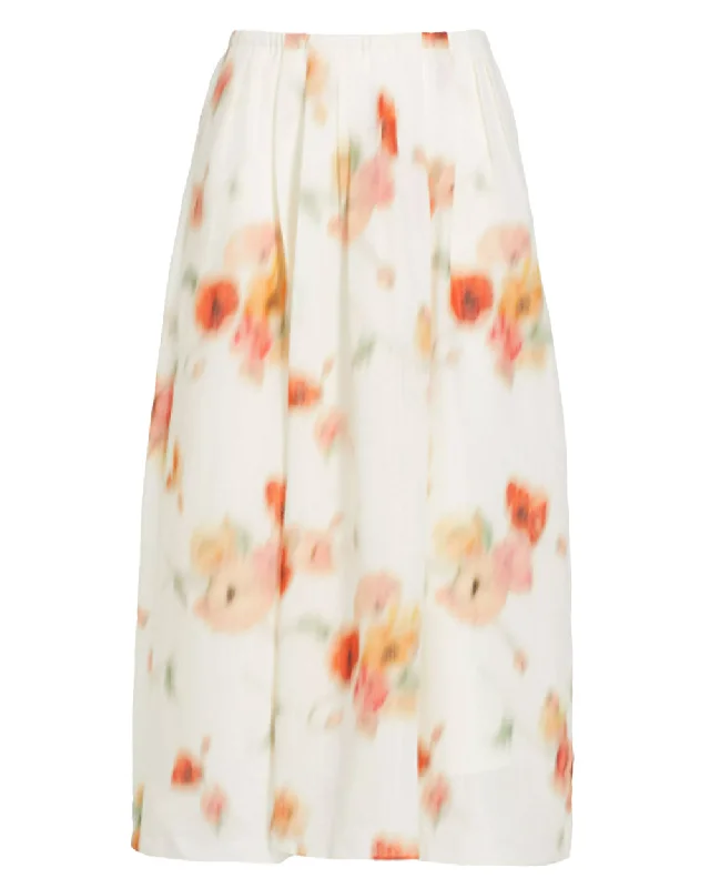 Cream Dusk Poppy Blur Gathered Easy Skirt floral skirt print