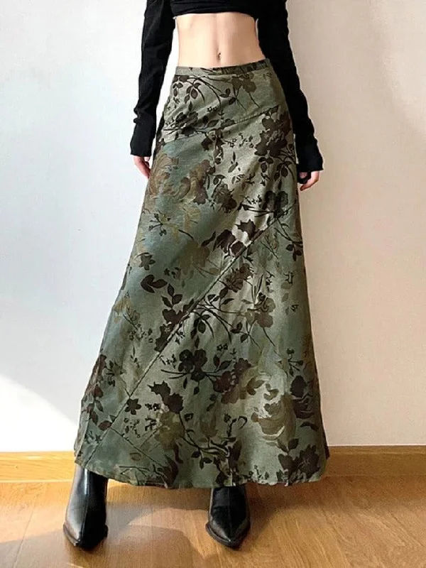 Vintage Flower Print Irregular Splice Midi Skirt floral skirt print