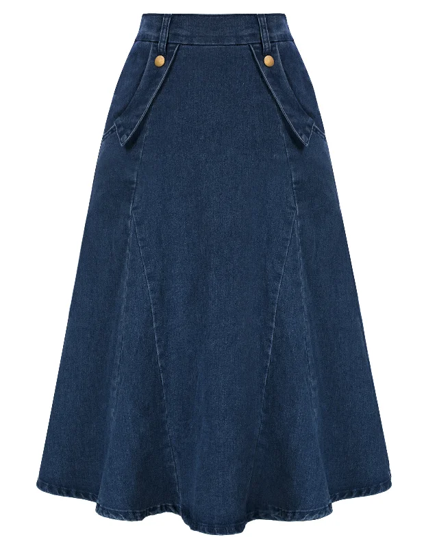 Denim Skirts Knee Length Vintage Elastic High Waist A-Line Midi Jean Skirts with Pockets flowy skirt hem