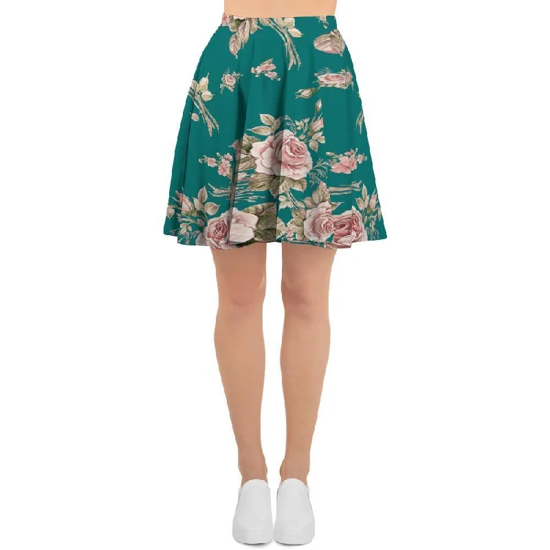 Vintage Watercolor Pink Rose Flower Print Women's Skirt belted skirt waist