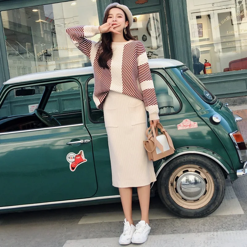 Winter Knitted 2 Piece Set Women Thick Striped Loose Sweater + Pencil Pocket Skirts Suit Female elastic waist skirt