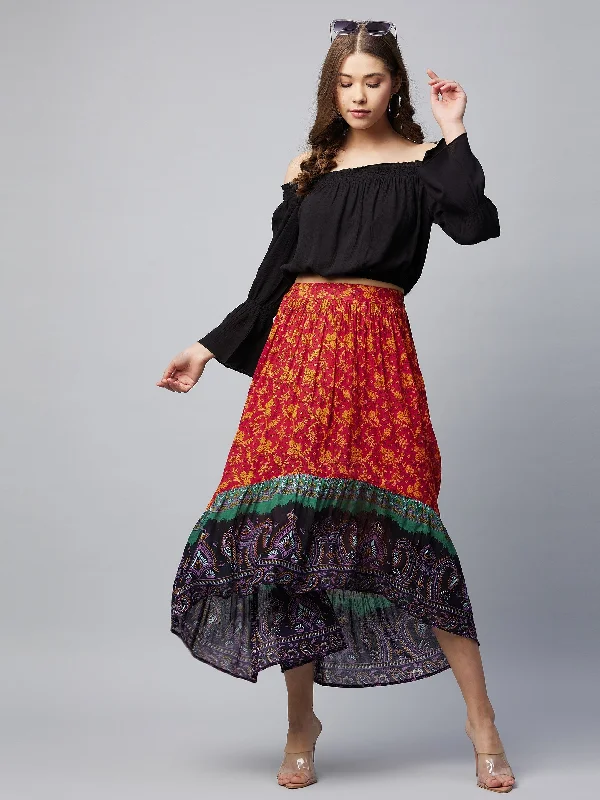 Women's Off Shoulder  Top & Cotton Hi-Low Skirt Set - Stylestone asymmetrical skirt cut
