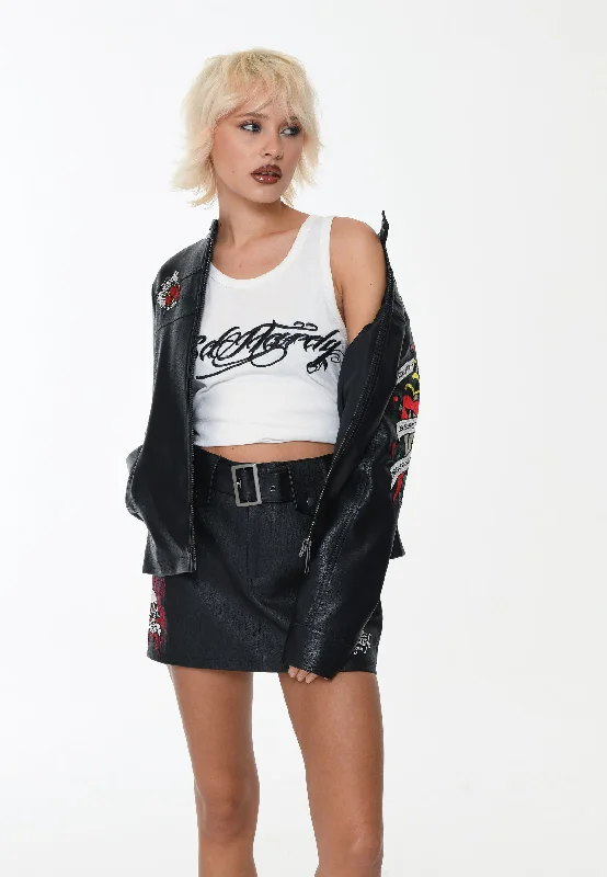 Womens Death Or Glory Vegan Leather Mini Skirt  - Black leather skirt refined