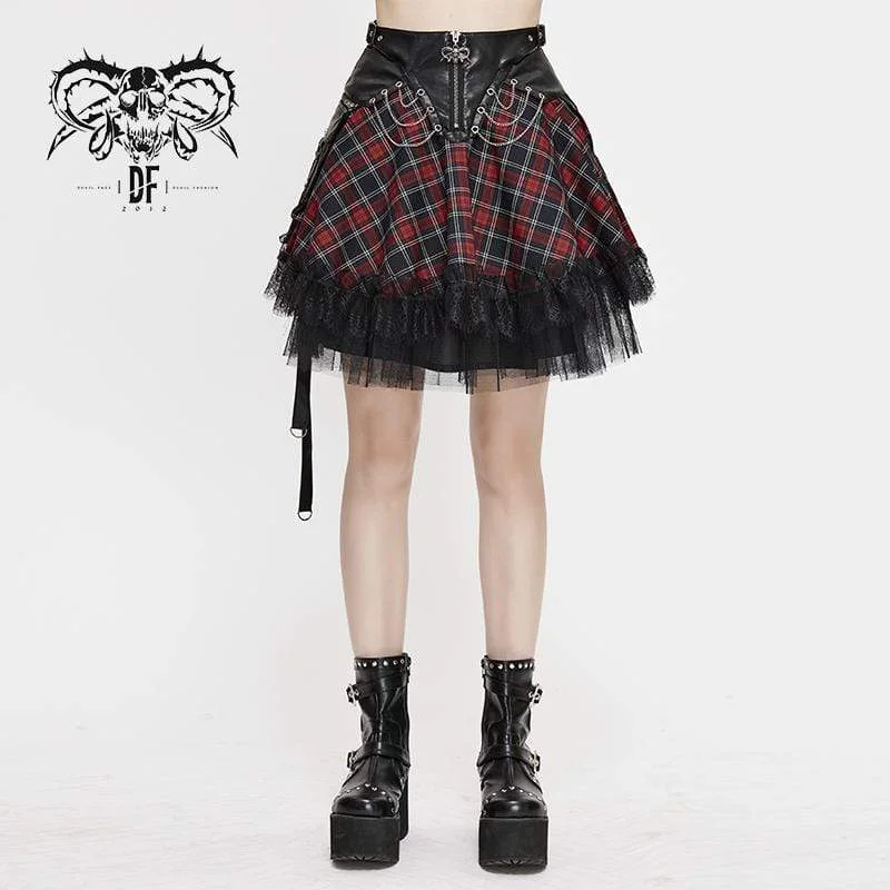 Women's Gothic Strappy Mesh Plaid Skirts With Chains satin skirt smooth