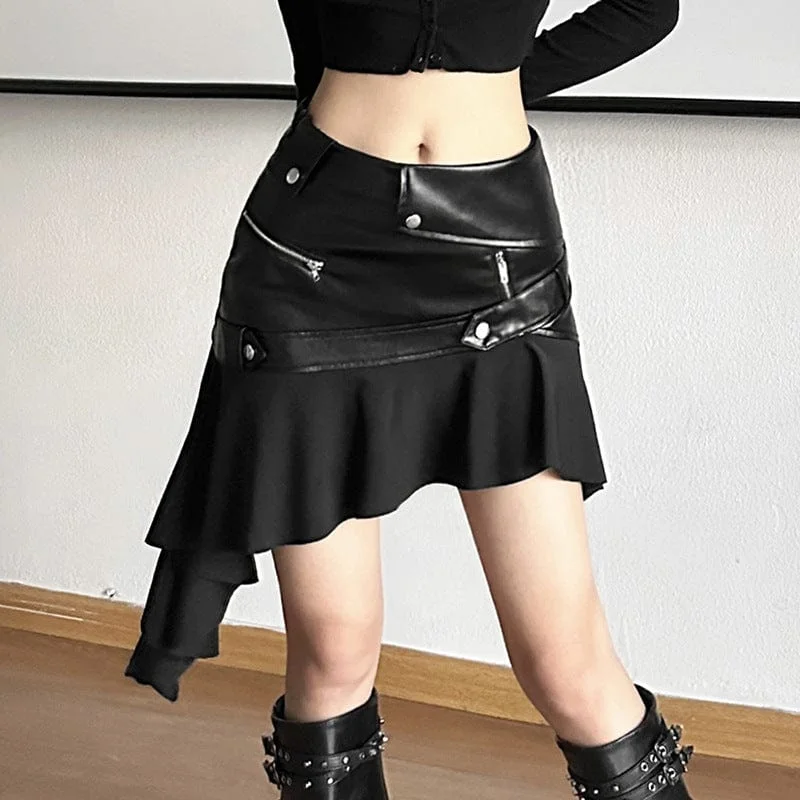 Women's Punk Irregular Hem Faux Leather Skirt spandex blend skirt