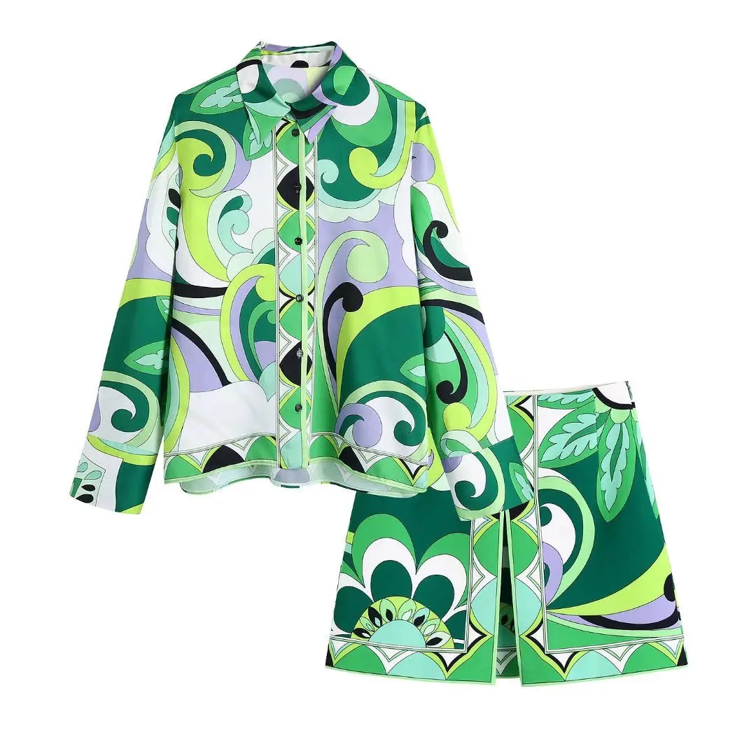 A&A Leaf Print A Line Skirt And Blouse Set high slit skirt